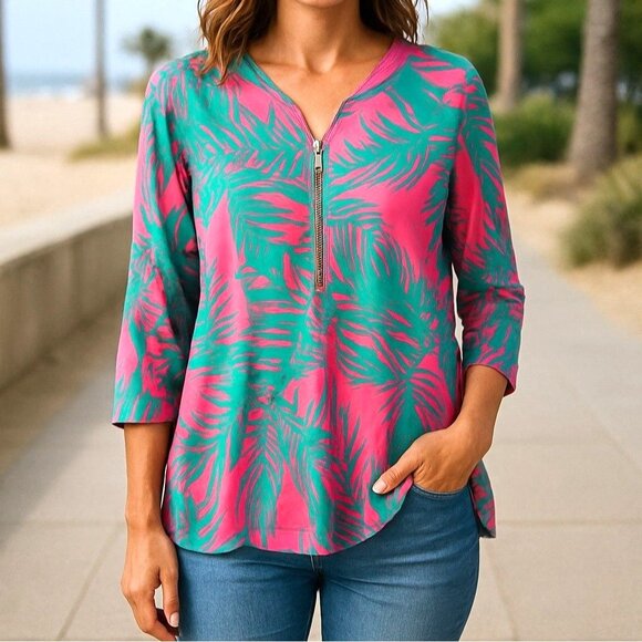 Kim Gravel Tops - Belle By Kim Gravel Womens Zip Front Tropical Print Top